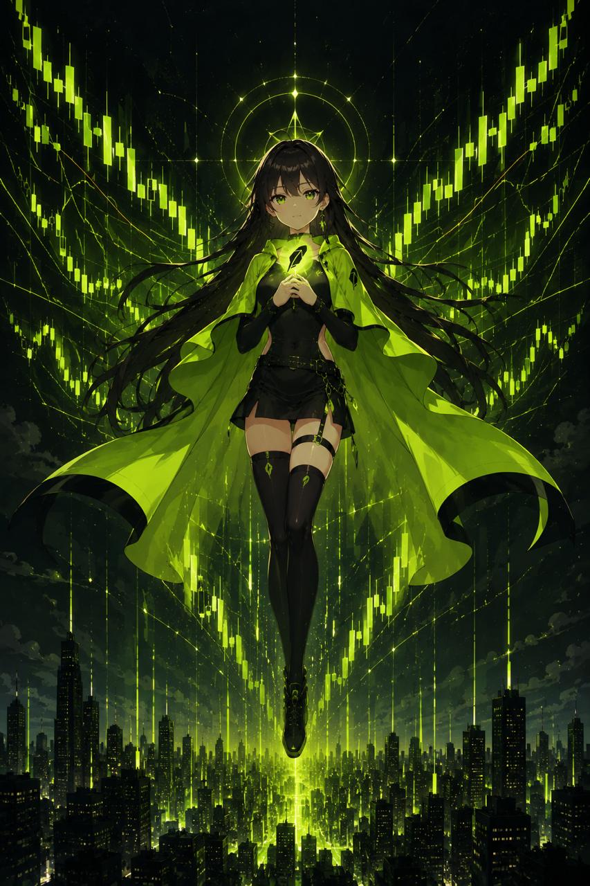 Robinhood-Chan ascending over a city with green candlestick wings