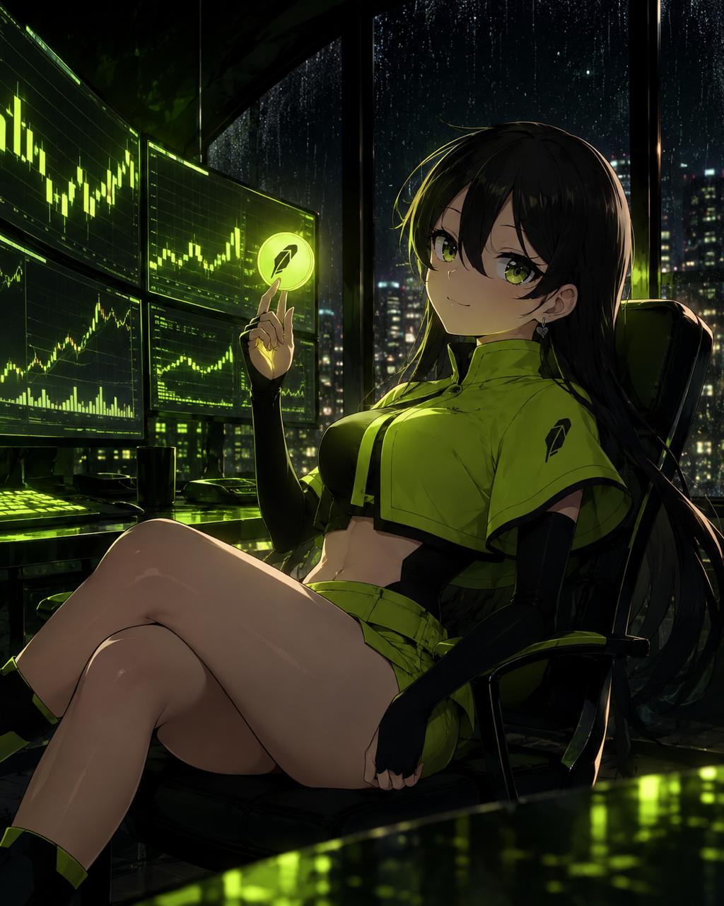 Robinhood-Chan at a wall of green candlestick monitors, rain on the window