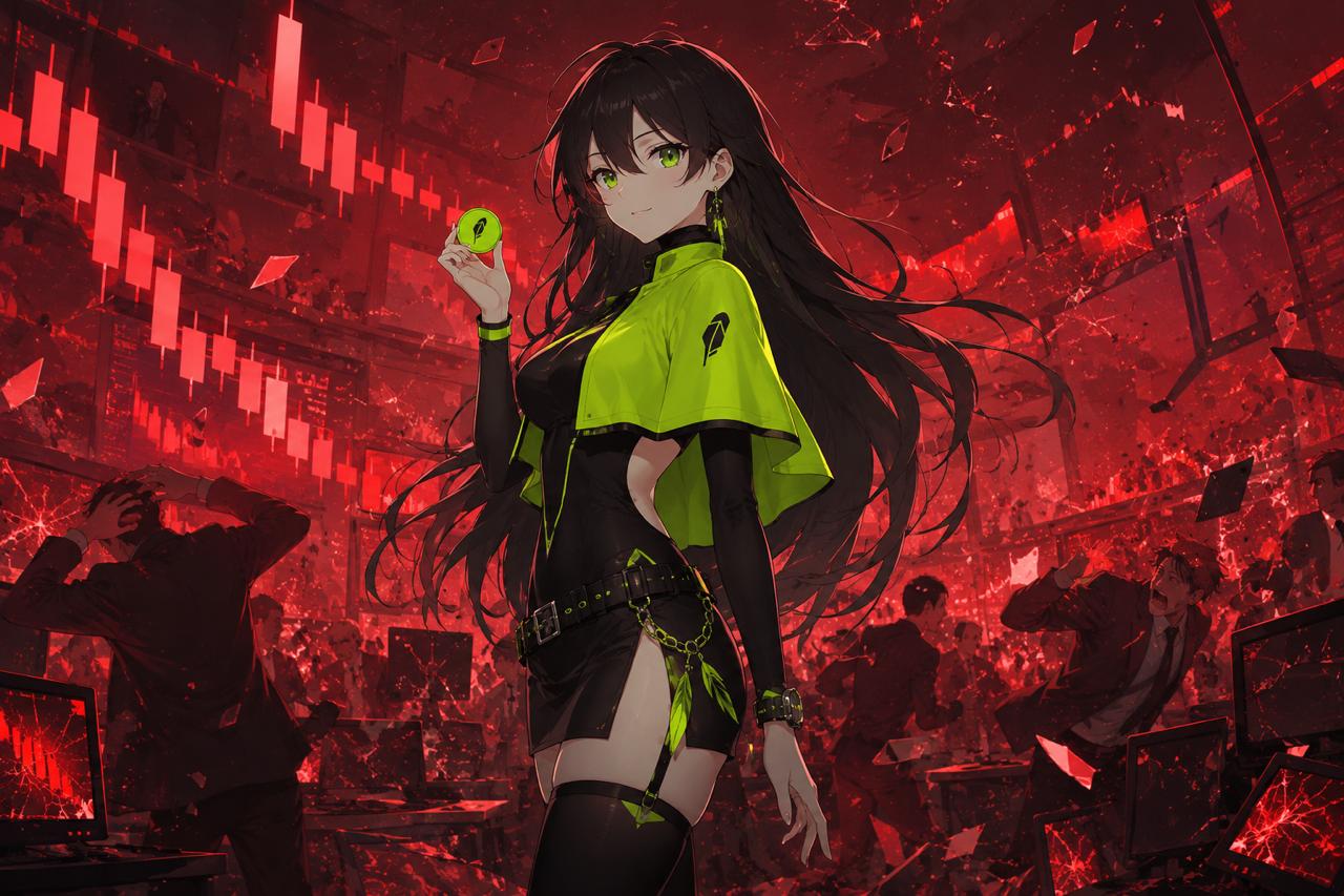 Robinhood-Chan smiling amid a red market crash, holding a green coin