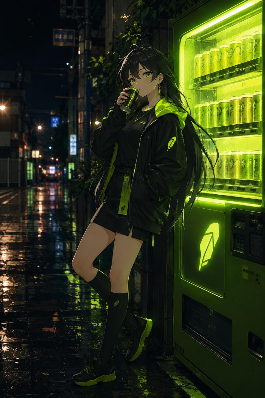 Robinhood-Chan drinking a green energy drink by a glowing vending machine at night